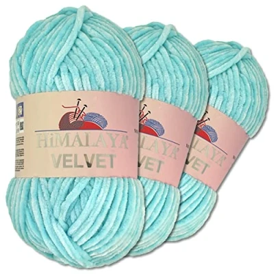 Image of Wohnkult Himalaya 3 x 100 g Velvet Dolphin Wool, 40 Colours to Choose From, Chenille Knitting Yarn, Fleece Shiny Accessory, Clothing, Blankets (90006 Baby Blue)