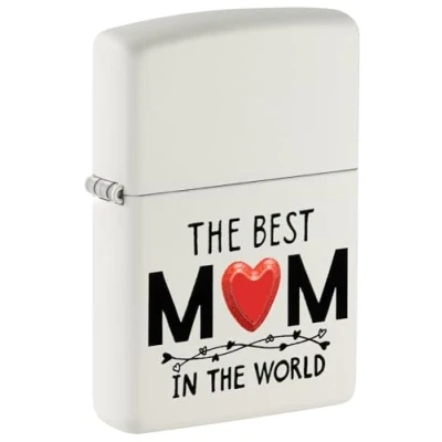 Image of Zippo Windproof Lighter Best Mom Design White Matte Refillable for Lifetime Use Gift Box Metal Construction Made in USA, One Size
