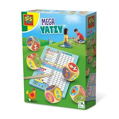 Image of SES Creative 02294 Mega Yatzy Junior edition with pictures, Easy scoring system, Extra large wooden dice, Family game, Age 4+