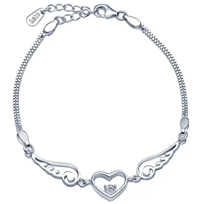 Image of Infinite U Fashion Angel Wings Heart Womens Charm Bracelet 925 Sterling Silver Cubic Zirconia Hand Link Chain, Adjustable,
