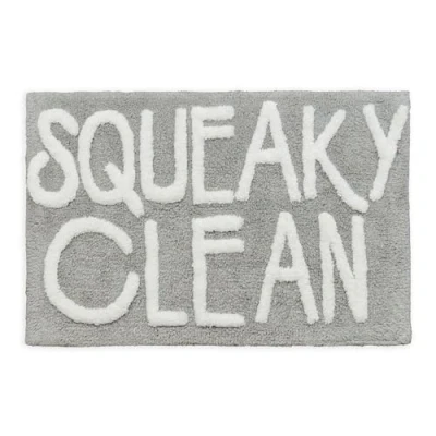Image of Mooky Mats Squeaky Clean Slogan Bath Mat Non Slip 50 x 80cm Hand Tufted, Super Soft &amp; Aborbent Bathroom Rug (Grey/White)