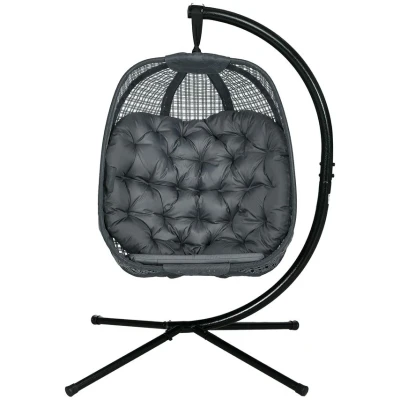 Image of Outsunny Outdoor Swing Chair with Thick Padded Cushion, Patio Hanging Metal Stand, Egg Foldable Basket, Cup Holder, for Indoor and Outdoor, Dark Grey