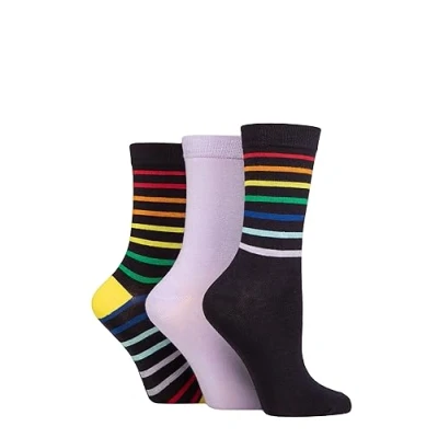 Image of Women&#039;s 3 Pair SOCKSHOP Wildfeet Patterned Bamboo Socks Rainbow Stripe Navy 4 8
