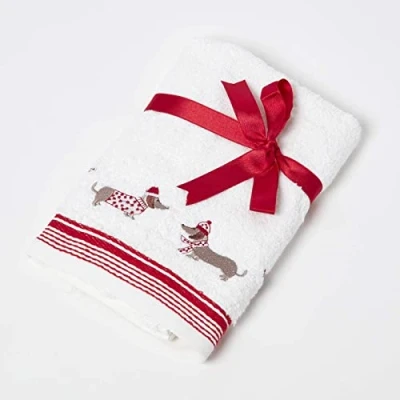 Image of HOMESCAPES Dachshund Embroidered Christmas Towel 100% Cotton White Hand with Decorative Festive Design SIZE Guest for Bathroom or Xmas Gift