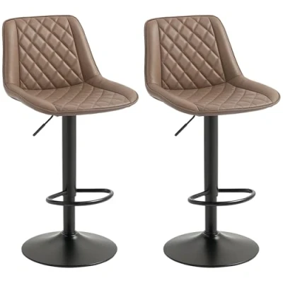 Image of HOMCOM Bar Stools Set of 2, Retro Adjustable Kitchen Stool, Swivel PU Leather Upholstered Chairs with Back, Footrest and Steel Base, Brown
