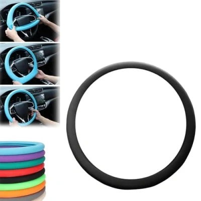 Image of Cool Non Slip Silicone Steering Wheel Protector, Car Protective Cover, soft cover,Universal Fit Easy to Clean Cover (Black)