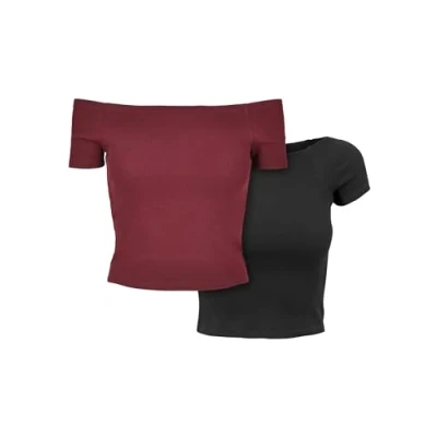 Image of Urban Classics OFF Shoulder 2PACK Basic Tshirt, Women&#039;s, Size: Small, Redwine black