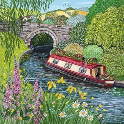 Image of Paperlink Artistic Blank Greetings Card From The Skylark Range By Lucy Grossmith For Him/For Her Suitable Birthdays And Other Occasions (Narrowboat), Blue Green, 154 x 154mm