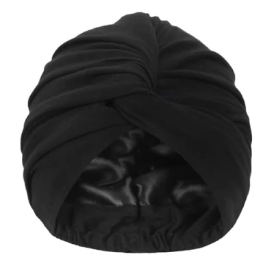 Image of Hat Hut Satin Turban for Women Silk Bonnet Sleep Cap Curly Hair Sleeping Adjustable Head Wrap Twisted (Black)