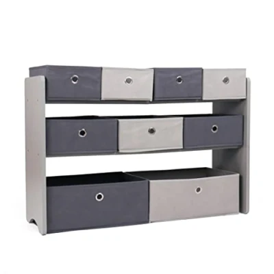 Image of Humble Crew Children&#039;s Shelf, Wooden Toy Organiser 9 Fabric Bins, Grey