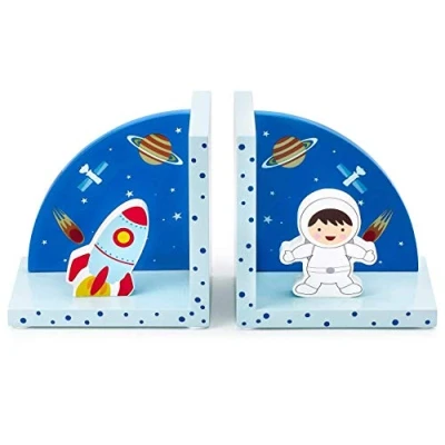 Image of Mousehouse Gifts Wooden Children&#039;s Bookends for Boys or Girls Nursery Bedroom (Blue Rocket)