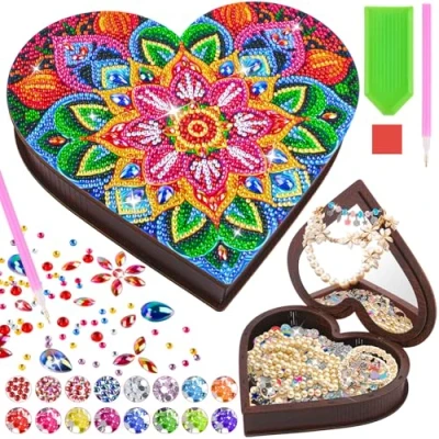 Image of UBJUBT Gifts for 5 6 7 8 9 10 11 12 Year Old Girls, 5D Diamond Painting Wooden Jewellery Box Craft Kits Adults Kids, Art Girls Birthday Presents Age