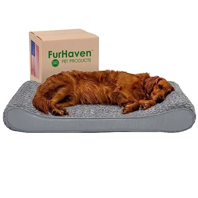 Image of Furhaven Orthopedic Dog Bed For Large Dogs w/Removable Washable Cover, Up to 75 lbs Ultra Plush Faux Fur &amp; Suede Luxe Lounger Contour Mattress Gray, Jumbo/XL