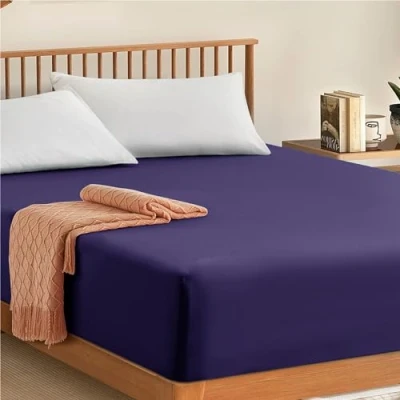 Image of My Home Store Fitted Sheet 100% Egyptian Cotton 300TC Hotel Quality 30 cm Bedsheets (Navy Blue, Double)