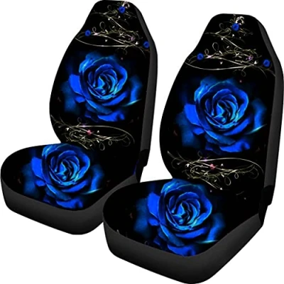 Image of Biyejit Blue Rose Front Car Seat Cover Protector Cushion Black and Red Stripes Pattern Universal Fit Sedan SUV Van Truck 2 Piece Set Accessory