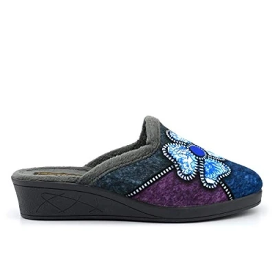 Image of Sleepers Kimberly Womens Mule Slippers with Low Wedge Heel Grey/Purple/Blue 8 UK