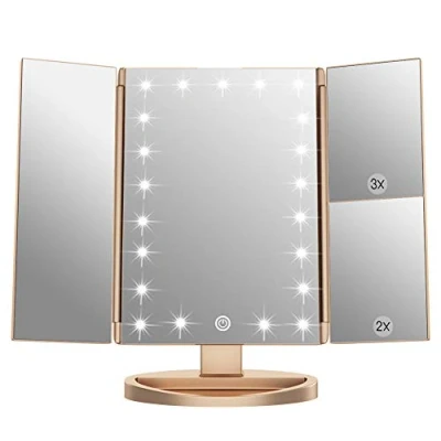 Image of WEILY Vanity Makeup Mirror,1x/2x/3x Tri Fold Mirror with 21 LED Lights and Adjustable Touch Screen Lighted Dressing Mirrors, for Women/Girl (Gold)