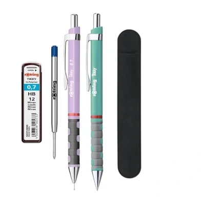 Image of rOtring Tikky Pastel Ballpoint pen &amp; Mechanical pencil blue Ink (M) HB 0.7 mm Orchid Sea Velvet Case + refill and leads