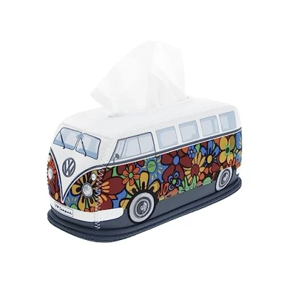 Image of BRISA VW Collection Volkswagen Neoprene Cosmetic Napkin Dispenser Paper Tissue Box for Bathroom in T1 Bus Campervan Design (Flower Power/Multicolor)