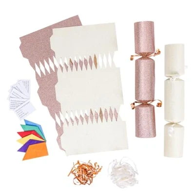 Image of evelay 12 Make Your Own Christmas Cracker Kit DIY Cream &amp; Rose Gold Glitter Crackers Hats Snaps Jokes (Cream, Gold)