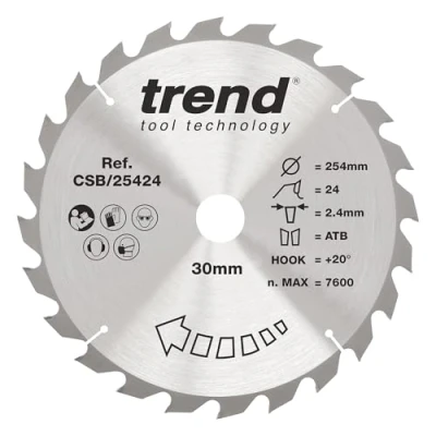 Image of Trend Wood Circular Saw Blade, 254mm Diameter, 30mm Bore, 24 Teeth, 2.4mm Kerf, +20 Hook, TCT, Coarse Finish, CSB/25424