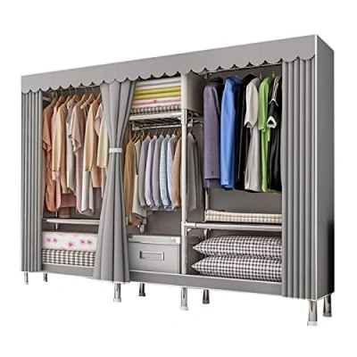 Image of EsEntL Wardrobe Portable Canvas With Hanging Rail,Shelves,Fabric Clothes Closet Storage Organizer for Bedroom,Living Room,207x46x173cm