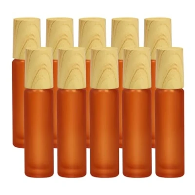 Image of Frosted Glass Essential Oil Roller Bottles, 10pcs Orange Bottles with wood grain cap &amp; Stainless Steel Balls Oil, 10ml Empty Perfume Bottles(Orange)