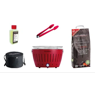Image of LotusGrill starter set 1x grill with USB connection, beech wood charcoal 2,5 kg, fuel paste 200 ml, tongs fire red, bag