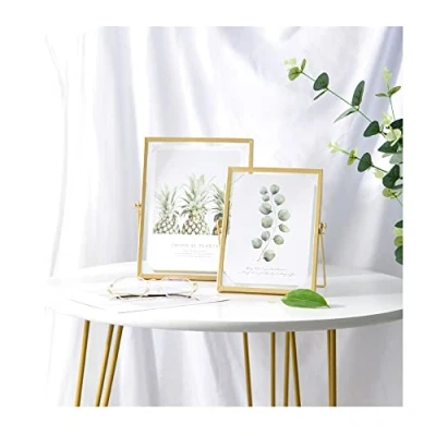 Image of Namvo Dried Flower Embossed Glass Photo Frame, Brass Artwork Certificate Picture Display Frame Geometric Ornament Plant Specimen Clip Pressed