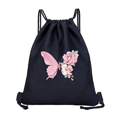 Image of Drawstring Gym Bag, String Swim PE Bag,Large Sports Backpack Bags for Women Men, Travel Beach School Bag with Waterproof Kids,Boys,Girls Men (Rose Butterfly)