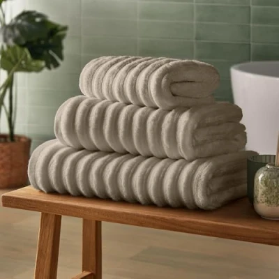Image of Silentnight Ribbed Cotton Hand Towel Luxuriously Soft &amp; Super Absorbent Deep Thick Pile 100% BCI Textured Dense 90 x 50cm Machine Washable, Natural