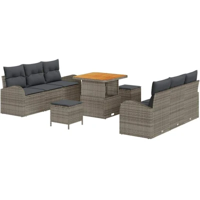 Image of vidaXL 9 Piece Garden Sofa Set with Cushions Grey Poly Rattan Acacia