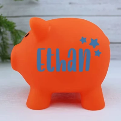 Image of eBuyGB Personalised Plastic Piggy Bank, Kids Money Box, Saving Jar Keepsake for Children, Novelty Gift (Orange)