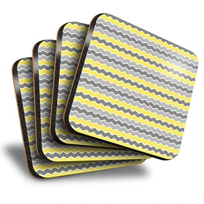 Image of Destination Vinyl ltd Great Coasters (Set of 4) Square Yellow Grey Wave Pattern Seaside Sea Drink Glossy Coasters/Tabletop Protection for Any Table Type #46502
