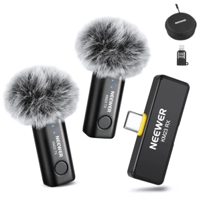 Image of Neewer Lavalier Wireless Microphone System, 1x USB C Receiver with OTG Adapter &amp; 2x Noise Cancelling Omnidirectional Condenser Transmitter Compatible iPhone 16 Pro Max S24 Ultra, KM23