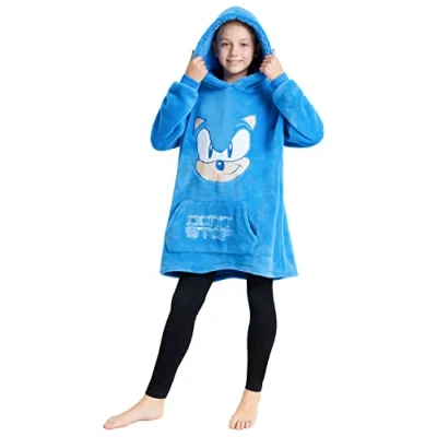 Image of SONIC THE HEDGEHOG Fleece Hoodie Blanket for Boys and Teenagers Oversized Poncho One Size Gaming Gifts (Blue)
