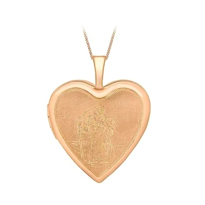 Image of Carissima Gold Women&#039;s 9ct Rose Etched St Christopher Heart Locket on Curb Chain of 46cm/18&quot;