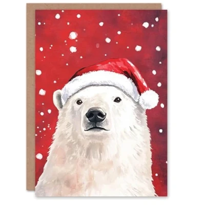 Image of Artery8 Santa Hat Polar Bear in Snow Blank For Him Or Her Art Xmas Festive Christmas Card