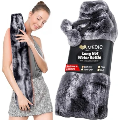 Image of iMedic 2L Extra Long Hot Water Bottle Covered with Luxury Cover Made from Super Soft Fleece or Comfy Knit UK Large Faux Fur Dark Grey