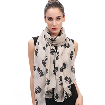Image of Lina &amp; Lily Squirrel Print Women&#039;s Large Scarf Lightweight (Beige/Black)(Size: 180 X 100 cm)