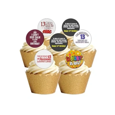 Image of 24 Precut Age 13 Thirteen 13th Thirteenth Birthday Edible Wafer Paper Cake Toppers Decorations