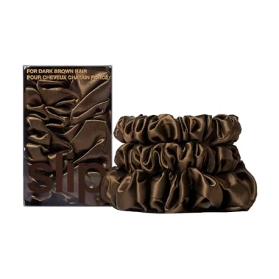 Image of Slip Pure Silk Back to Basics Assorted Scrunchies Dark Brown 100% 22 Momme Mulberry for Women Hair Friendly + Luxurious Elastic Set (3 Scrunchies)