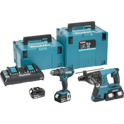 Image of Makita DLX2137PTJ Twin 18V Li ion LXT 2 Piece Combo Kit comprising DHP482Z and DHR263ZJ Complete with 4 x 5.0 Ah Batteries Port Charger Supplied in Makpac Cases
