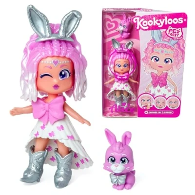 Image of KOOKYLOOS Pet Party Alice doll with rabbit pet. Includes doll, 1 pet, fashionable outfit and shoes accessory. 3 different faces!