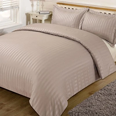 Image of AR Textile 5 Star Hotel Quality 100% Egyptian Cotton Satin Stripe Duvet Cover Set With Pillowcases in White &amp; Cream Colour (Single, Beige/Latte)