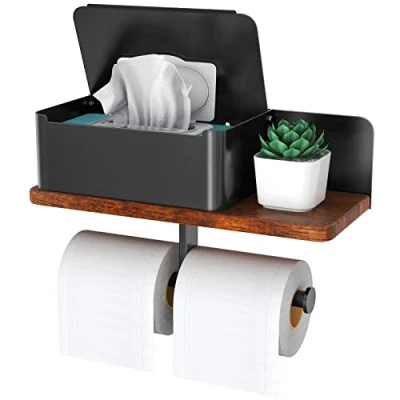 Image of Toilet Paper Holder with Shelf Double Roll Tissue Wipes Dispenser for Bathroom, Metal and Solid Wood Wall Mount Storage Aromatherapy, Phone Shelf, Black