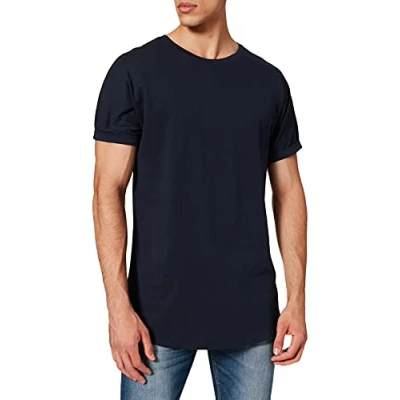 Image of URBAN CLASSICS Men&#039;s Long Basic Tee with Round Neckline &amp; Hem, T Shirt Turn Up Finish and Overcut Shoulders, Short Sleeve Tall Fit, Colour: Midnightnavy, Size: Large