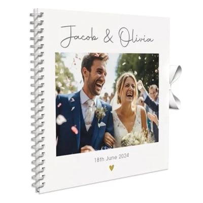 Image of Personalised Photo Wedding Guest Book Keepsakes,Signature Scrapbook, Album Couple 20cm x 20 cm 50 Sheets (Gold Heart Modern, White)