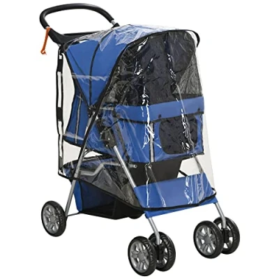 Image of PawHut Dog Stroller with Rain Cover for Small Miniature Dogs, Folding Pet Pram Cup Holder, Storage Basket, Reflective Strips, Blue