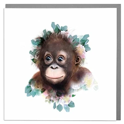 Image of Lola Design Wildlife Botanical Greeting Cards, Orangutan Suitable for Birthdays, Congratulations or Any Special Occasions Blank Inside with Grey Envelope 150mm x